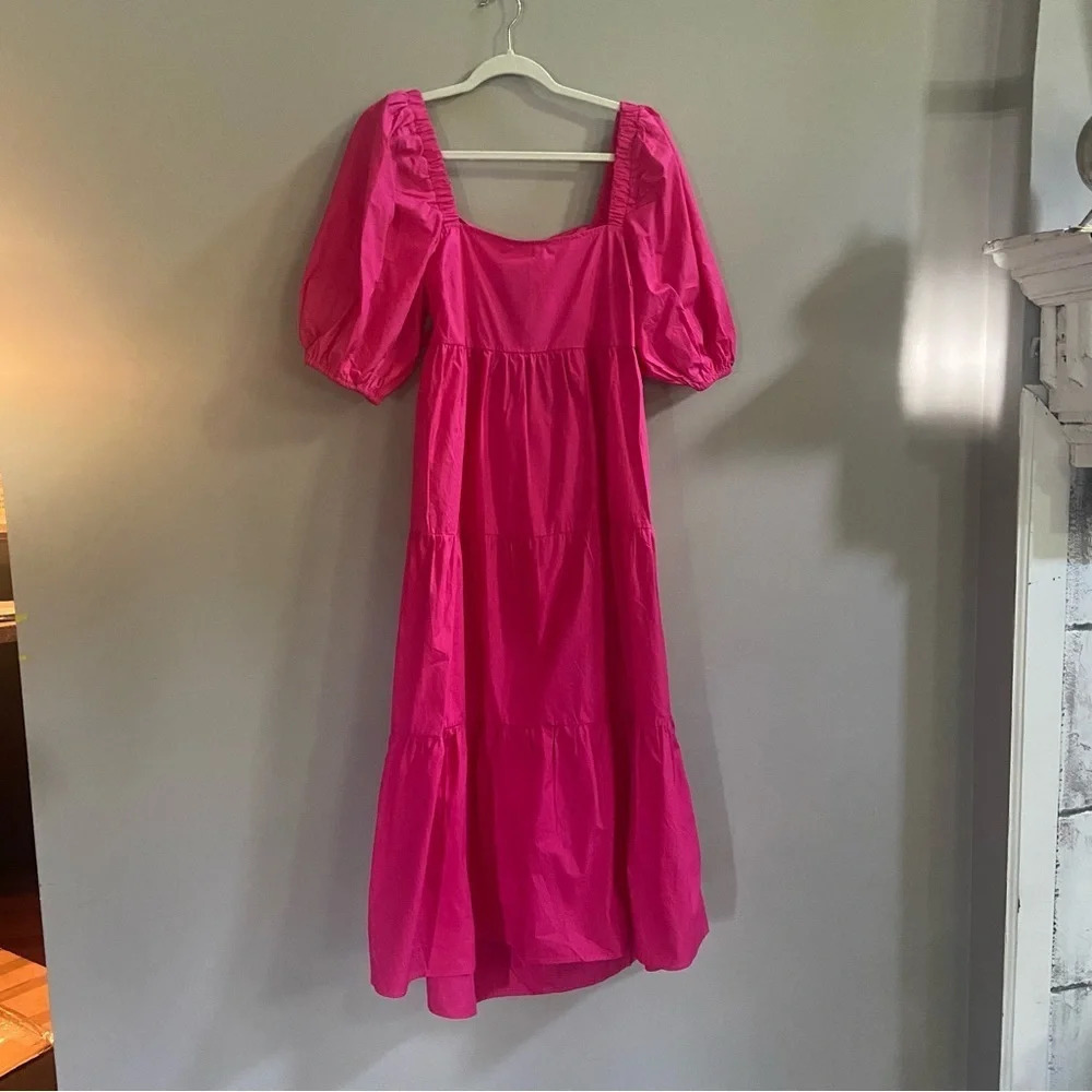 New! Minkpink Yasamin puff sleeve tiered midi dress raspberry pink 13984 - Picture 3 of 7